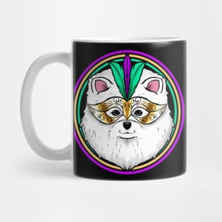 Pomeranian Or Samoyed Dog With Mask For Mardi Gras Mug